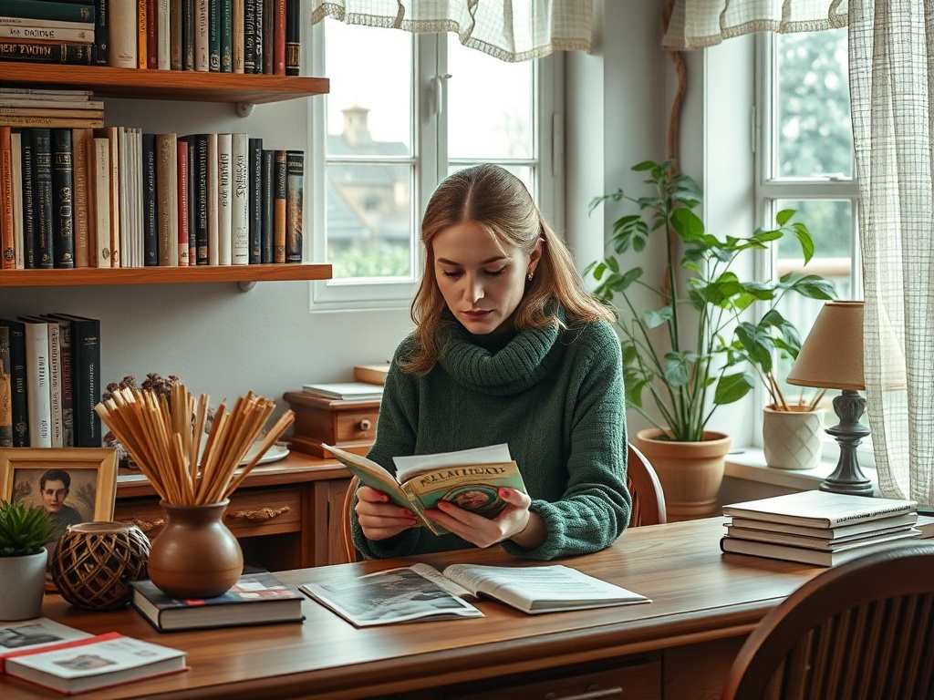 Девушка в уютном свитере читает книгу за деревянным столом в книжной обстановке. Рядом зелёные растения.