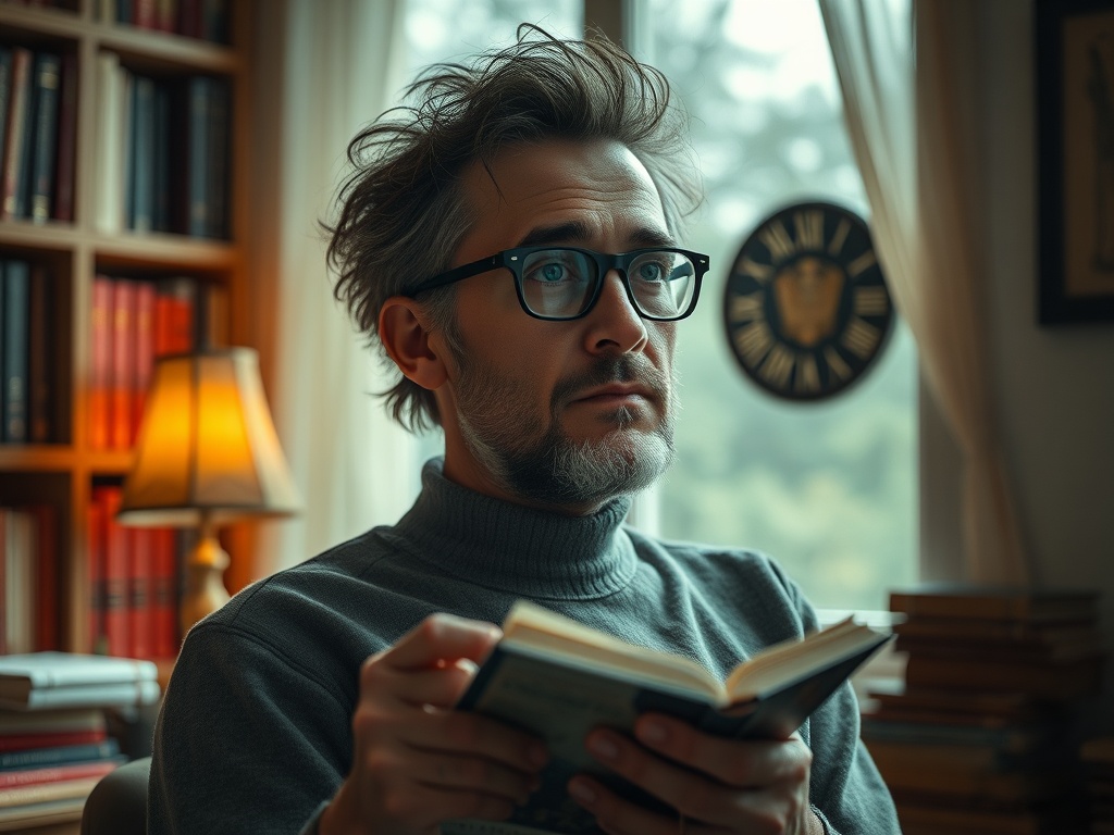 Мужчина в свитере читает книгу в библиотечном кабинете, задумчиво глядя в окно. Тихая, уютная атмосфера.
