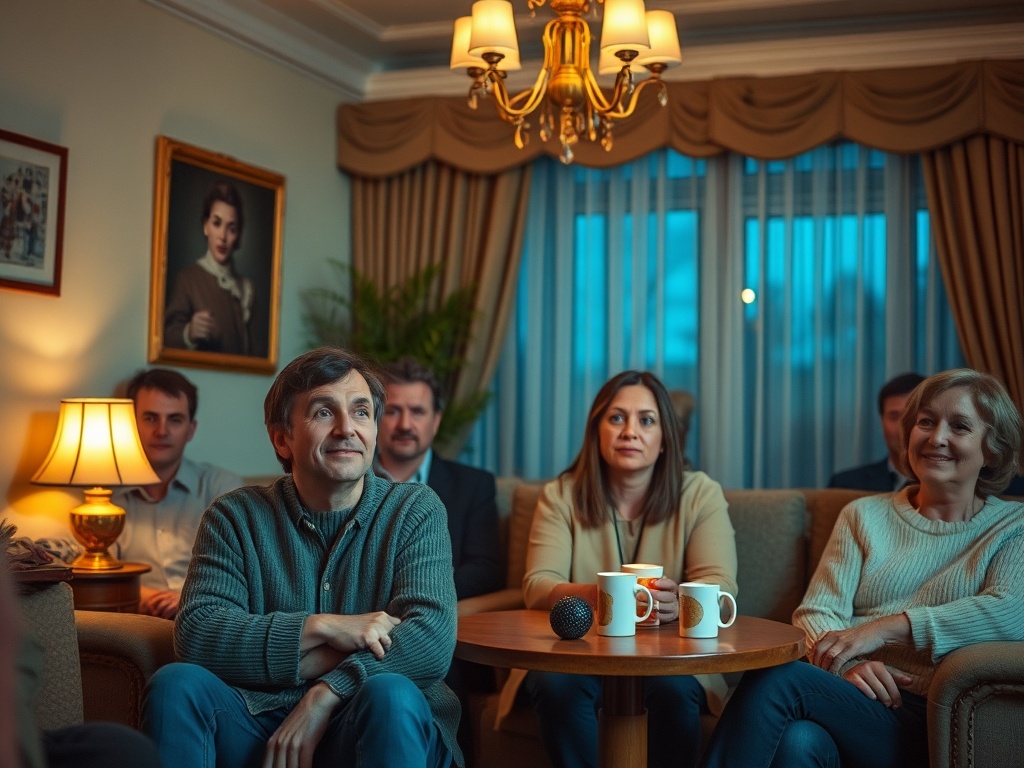 Группа людей в уютной комнате, сидящие вокруг кофейного стола и смотрящие на что-то. Сдержанный и внимательный настрой.