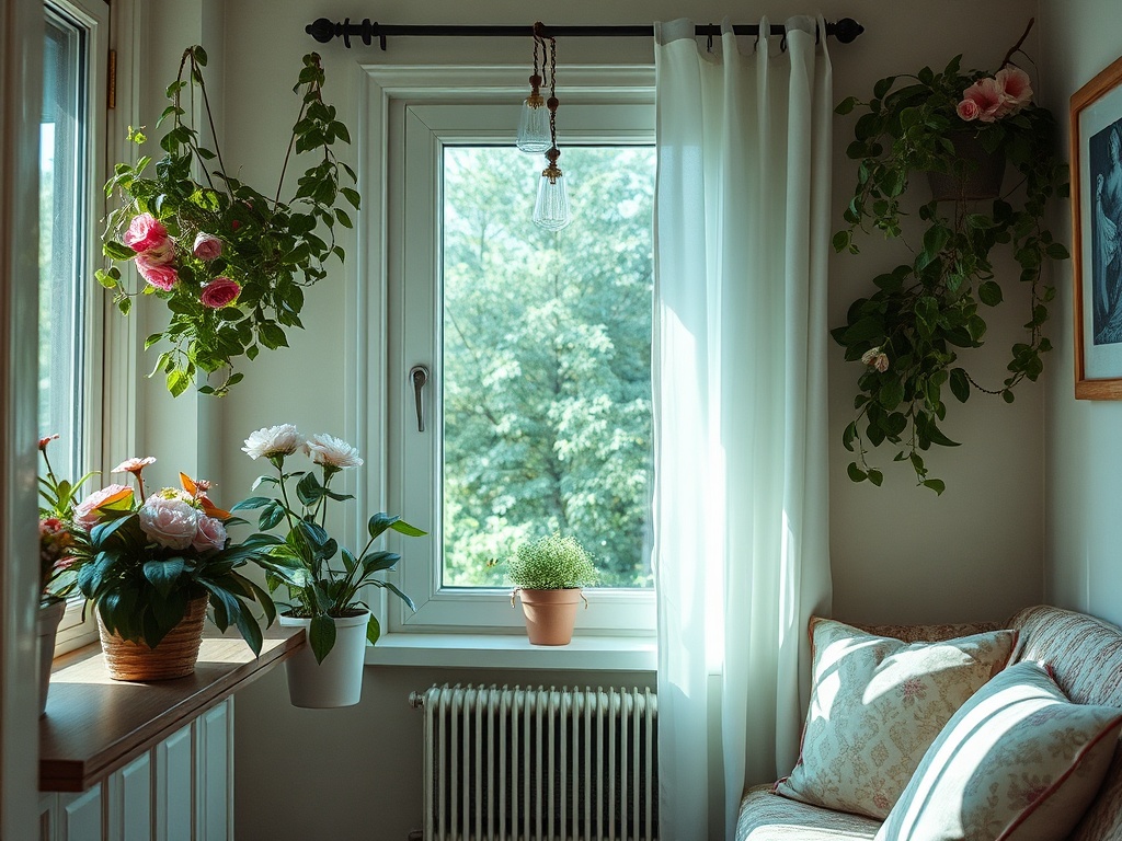 Уютный уголок с цветами у окна, зелень и мягкий диван, наполняющий пространство светом и атмосферой домашнего уюта.