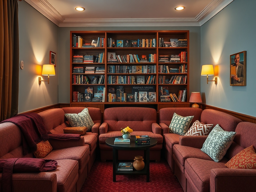 Уютная комната с диванами, книжным шкафом и аккуратным столом посреди, украшенная светлыми предметами.