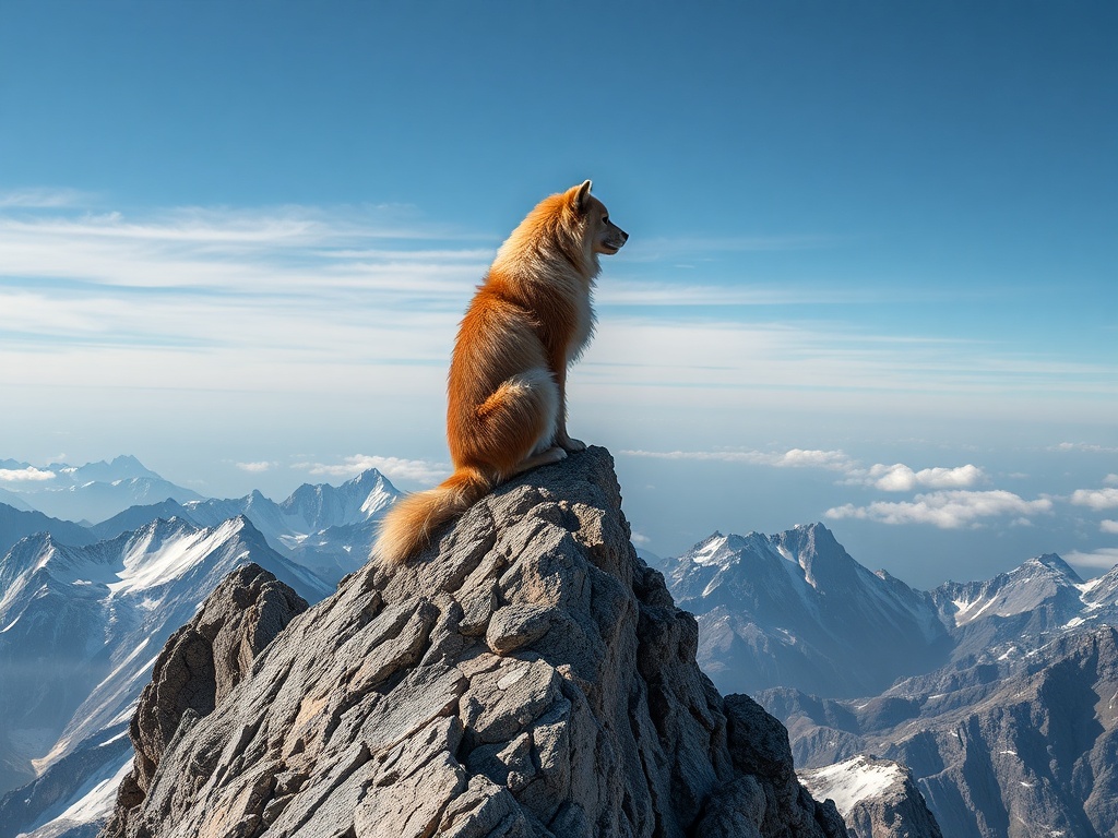 Собака сидит на вершине скалы, смотрит на горные вершины и облака. Чистое голубое небо.