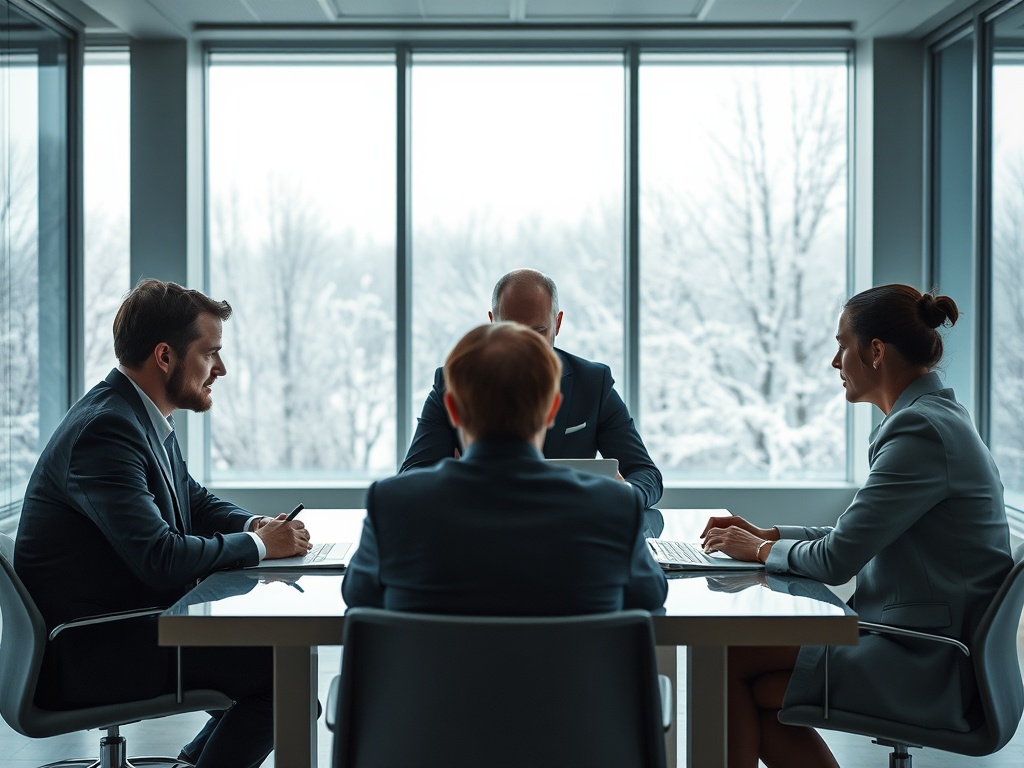 Четыре человека в деловых костюмах обсуждают что-то за столом в офисе с видом на снежный пейзаж.