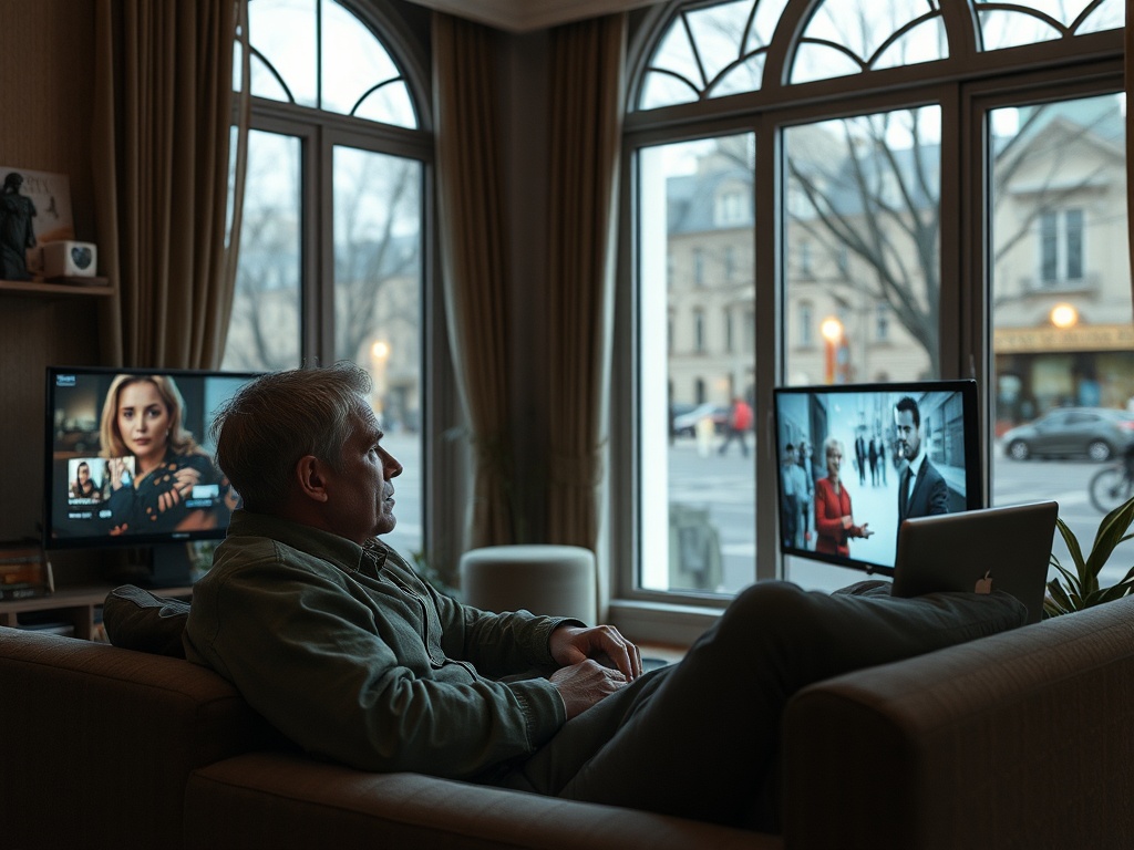 Мужчина сидит на диване и смотрит телевизор, за окном - городской пейзаж. Обстановка уютная и расслабляющая.