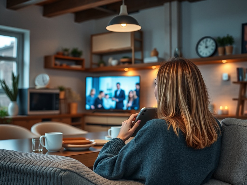 Женщина сидит на диване в уютной комнате, смотрит телевизор и использует смартфон. На столе чашки и тарелки.