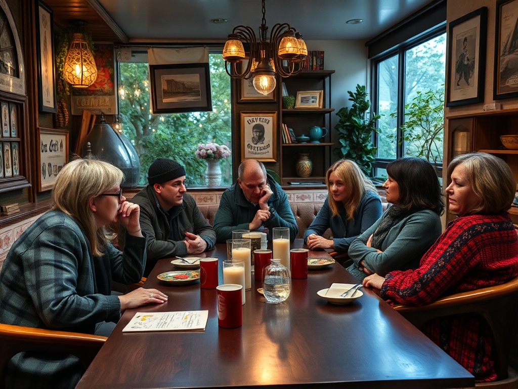 Группа людей за столом в уютном кафе, обсуждают что-то важное, окруженные живой природой и искусством.