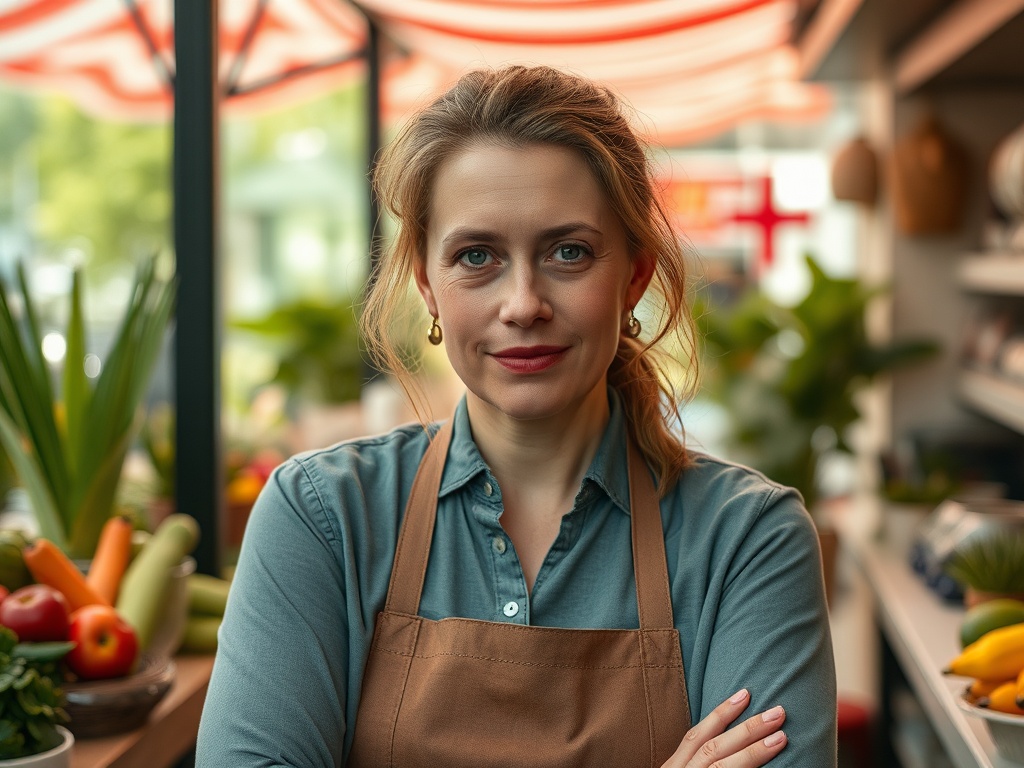 Женщина в фартуке стоит в магазине, окруженном фруктами и овощами, с уверенным выражением лица.