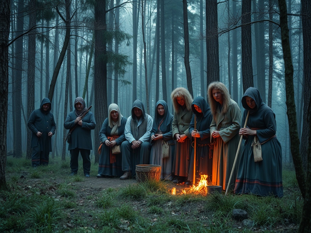 Группа людей в традиционной одежде стоит вокруг огня в лесу, окружённая туманом и деревьями.
