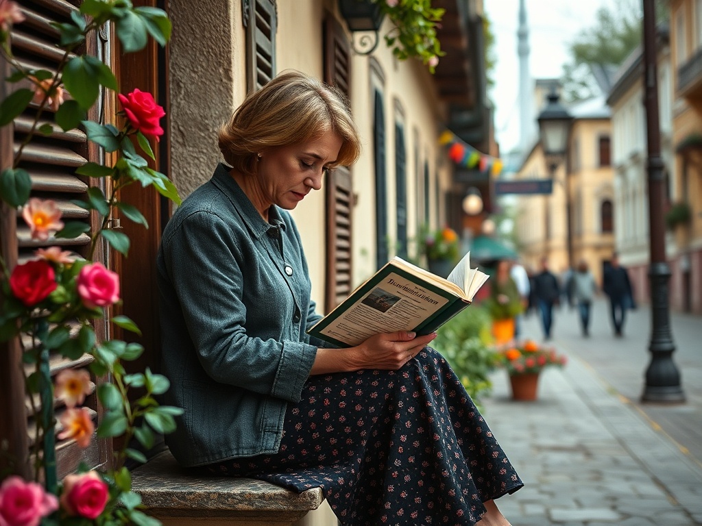 Женщина читает книгу на улице, окружённая цветами. Уютная атмосфера и спокойный вид.