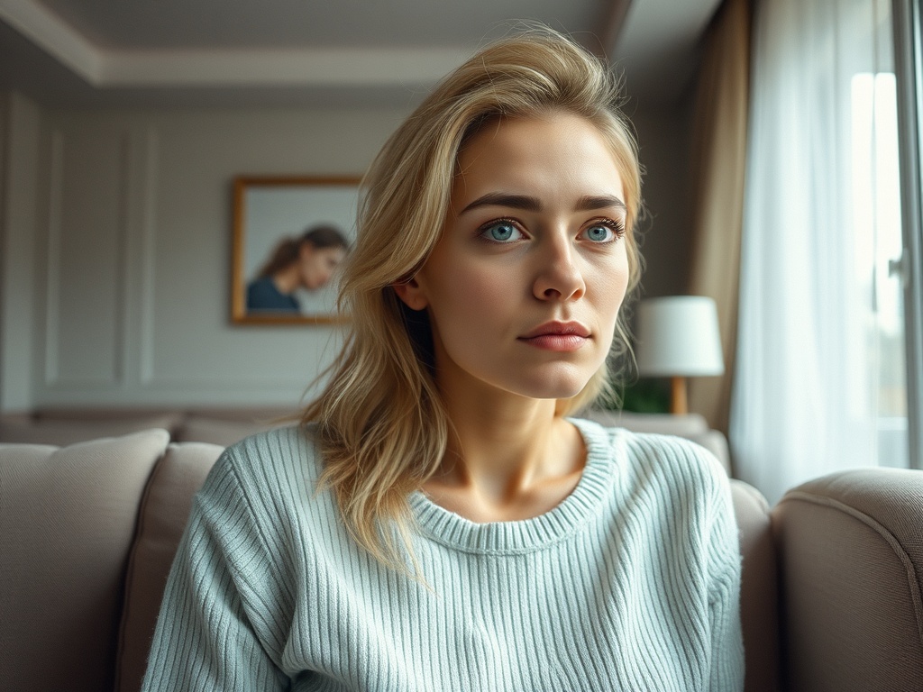 Женщина с длинными светлыми волосами, сидящая на диване, смотрит вдаль с задумчивым выражением лица.