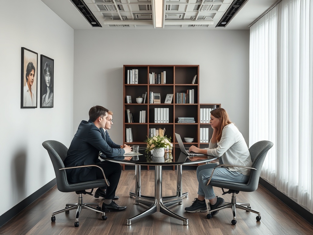 В офисе проходят переговоры между молодым мужчиной и женщиной за круглым столом. На стенах фотографии.