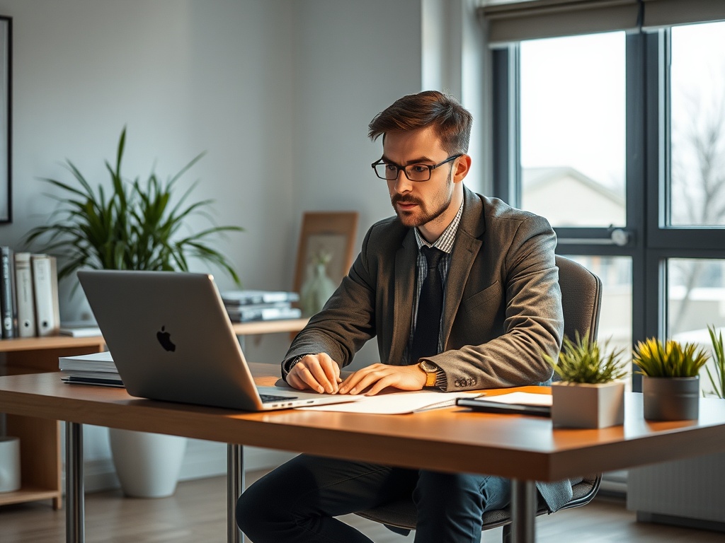 Мужчина в строгом костюме работает за столом в офисе, используя ноутбук и окружённый зелёными растениями.