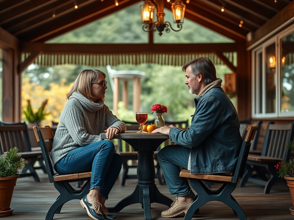 Два человека беседуют за столом на веранде, наслаждаясь напитками и атмосферой уюта.