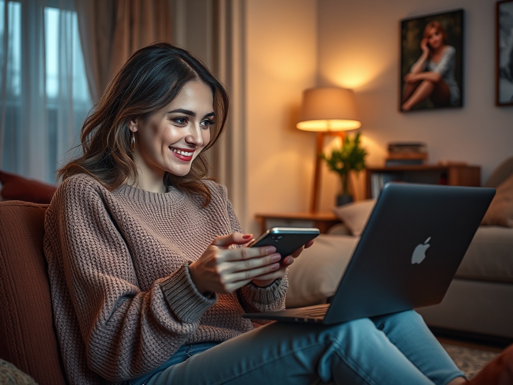 На изображении молодая женщина в уютной обстановке использует телефон и ноутбук, улыбается и выглядит довольной.