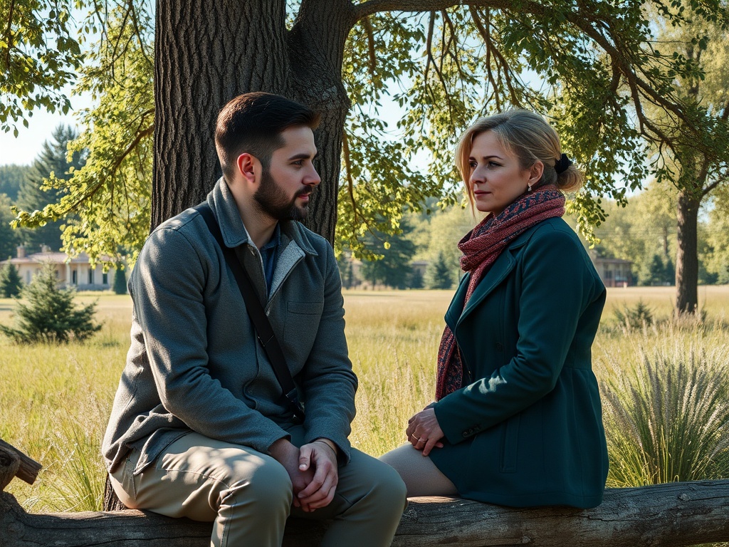 Два человека сидят на дереве в красивом природном окружении, обсуждая что-то важное.