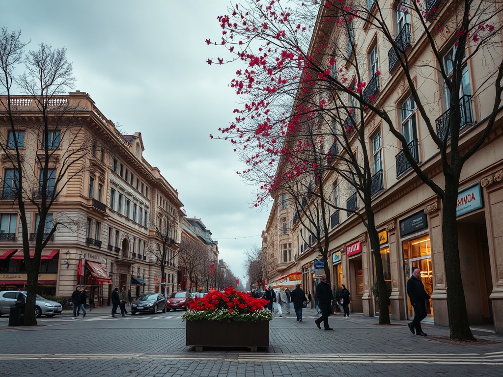 Улица с красивыми зданиями, деревьями и цветами. Люди идут, некоторые машины припаркованы вдоль дороги.