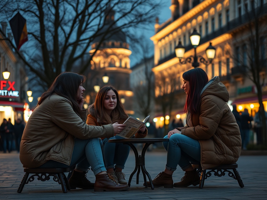 Три девушки сидят за столиком на улице, общаются и читают меню в вечернем свете.