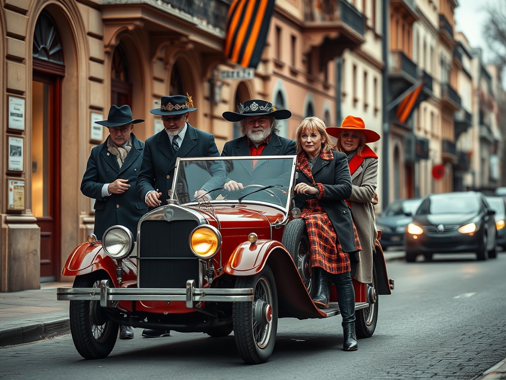 На фотографии группа людей в костюмах стоит около старинного автомобиля на городской улице.