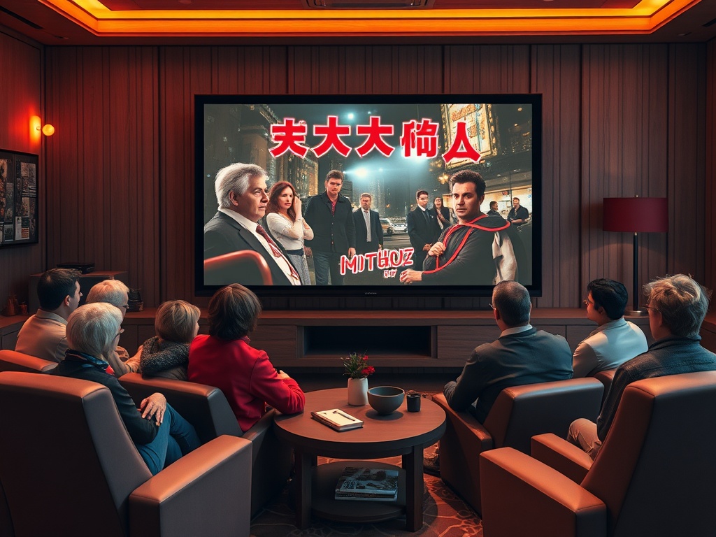 Группа людей смотрит фильм на большом экране в уютной комнате с мягким освещением.