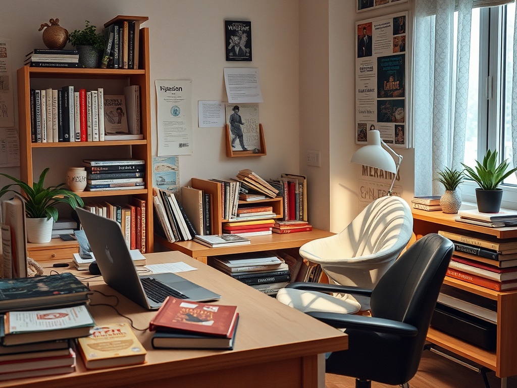 Уютный кабинет с книжными полками, компьютером и креслом, освещенный солнечными лучами. Стены украшены постерами.