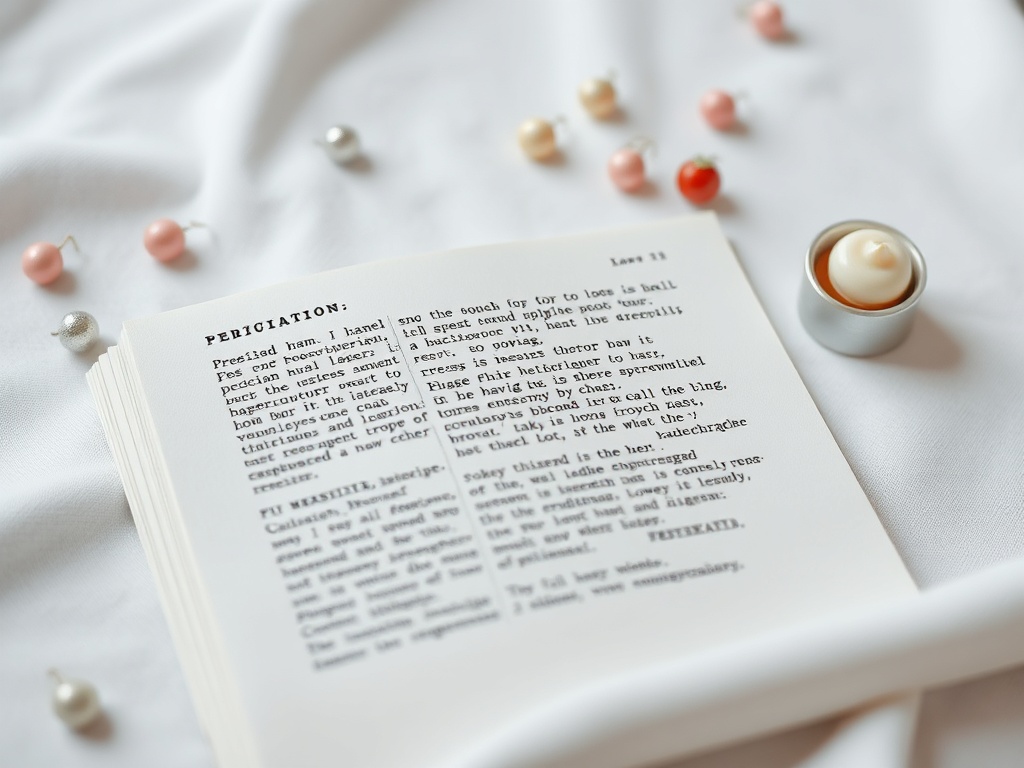 Открытая книга на белой ткани с декоративными бусинами и небольшой свечой в серебристом подсвечнике.