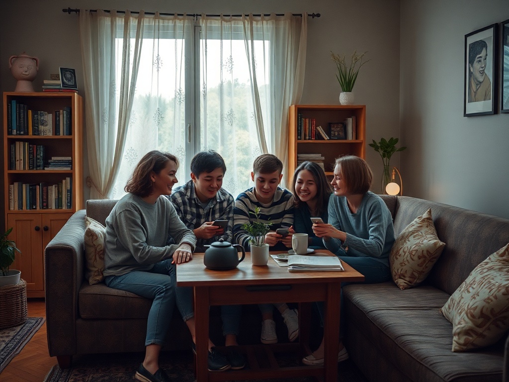 Группа друзей сидит на диване, смотря на свои телефоны в светлой комнате. Атмосфера уютная и дружелюбная.