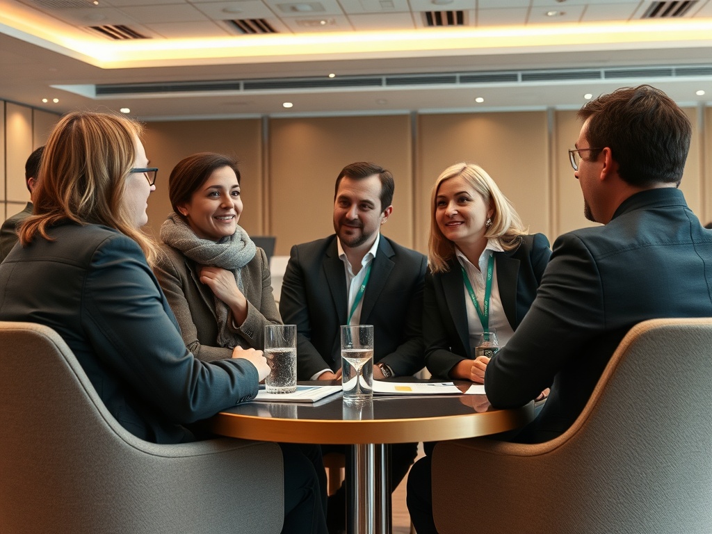 Группа профессионалов обсуждает идеи за столом в современном офисе. Они улыбаются и общаются друг с другом.