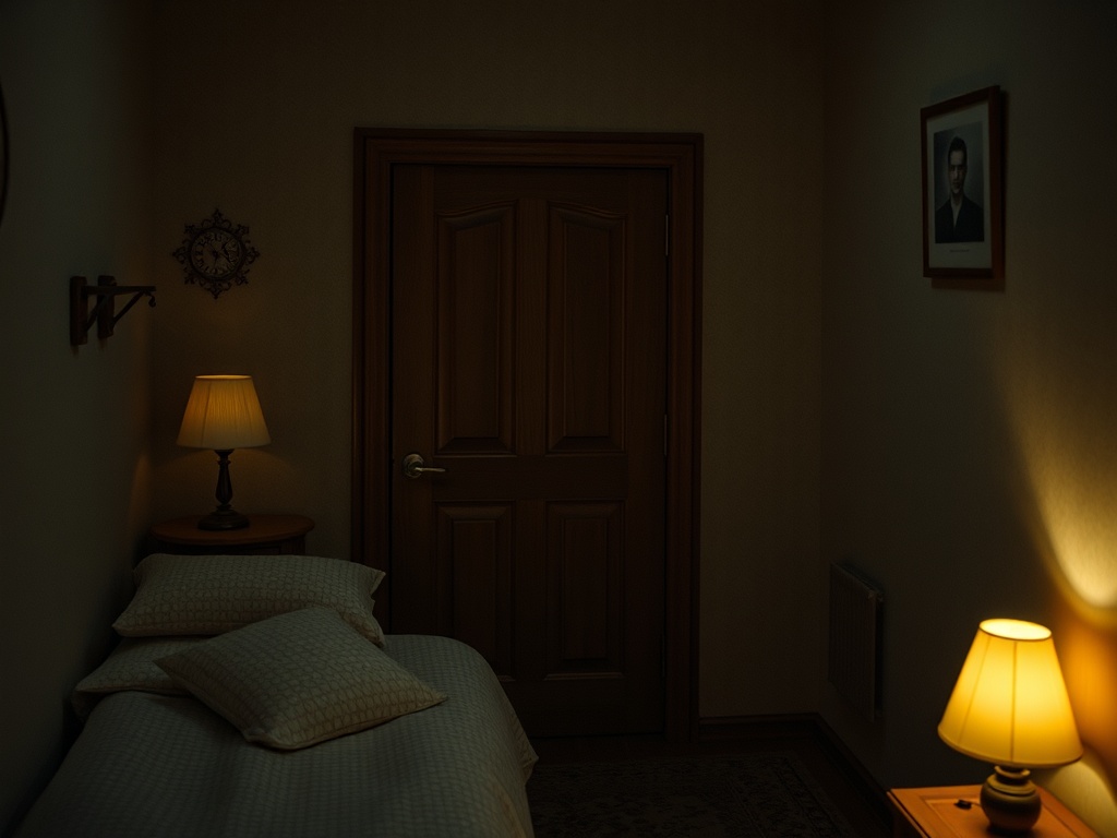 Уютная комната с кроватью, ночником и дверью. На стене висит портрет и деревянные элементы декора.