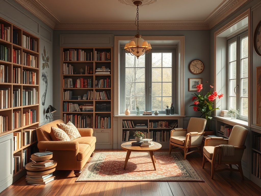 Уютная библиотека с книгами на полках, мягким диваном и креслами у окна с яркими цветами.