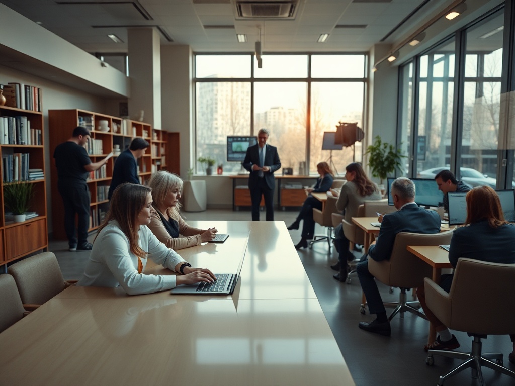 В офисе проходит деловая встреча. Люди работают за компьютерами и обсуждают проекты. Светлое, современное пространство.