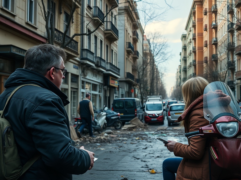На улице с разрушениями мужчины и женщина, сидящая на мотоцикле, смотрят на телефон.