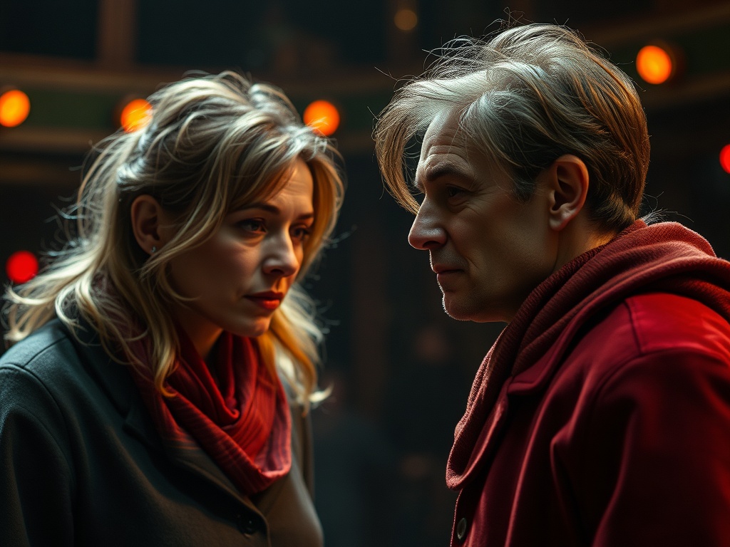 Два человека в напряжённой беседе, освещённой мягким светом, на фоне размытой сцены.