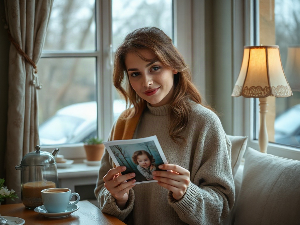 Молодая женщина сидит у окна с фотографией, улыбаясь, рядом чашка кофе и настольная лампа.