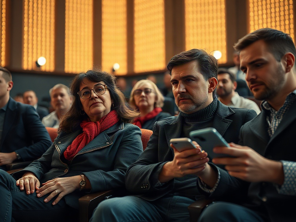 На фото люди в зале слушают выступление, у некоторых в руках смартфоны. Атмосфера сосредоточенная.